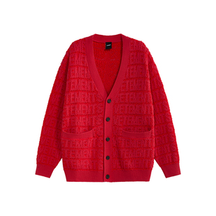 VETEMENTS春节喜庆大红色外套男女同款满印LOGO针织开衫36173001