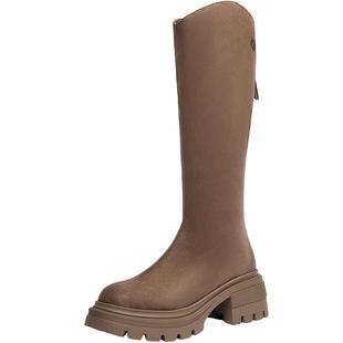 杨天真明星同款百丽女靴子冬季加绒长筒粗高跟厚底高长靴B9U1DDG4