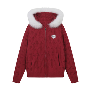 BIPOLAR【新年圣诞款】毛领绞花开衫毛衣休闲宽松连帽毛领上衣冬