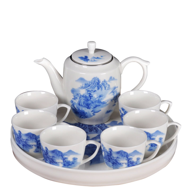 带托盘茶壶茶杯整套陶瓷茶具套装8件套花草茶具家用中式一壶六杯