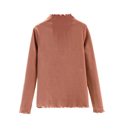 秋冬德绒贴身长袖打底衫女士木耳边半高领内搭加绒加厚T恤绒上衣