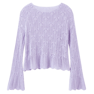 秋水伊人紫色针织衫女2026春季新款女装镂空喇叭袖上衣多巴胺毛衣