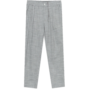 EHE男装莱赛尔亚麻混棉灰色格子松紧腰文艺复古休闲裤男春夏新款