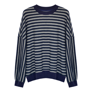 因由 全棉长袖套头上衣极简row风条纹毛感轻柔撞色时尚卫衣女