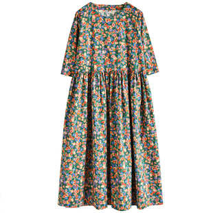 花与棉花七分袖气质印花连衣裙宽松大码大摆长裙夏田园风碎花文艺