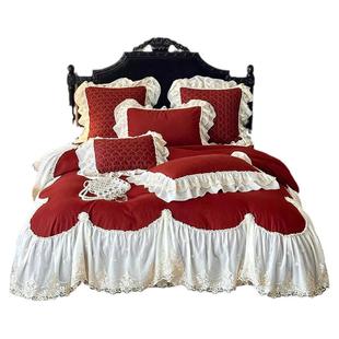 公主宫廷风红色结婚庆纯棉四件套复古被套长绒棉磨毛出嫁床盖床品