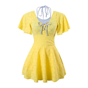 大码泳衣女微胖女孩遮肉显瘦胖mm绝美黄色新款泡温泉海边度假泳装