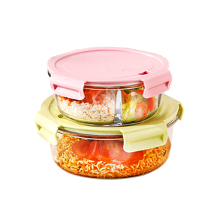 玻璃饭盒圆形分隔二分格玻璃碗带盖保鲜盒上班族可微波炉加热专用