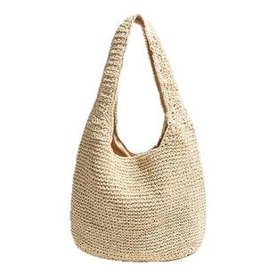 橙子少女慵懒风草编包拉链法式编织包大容量托特包单肩沙滩包编织