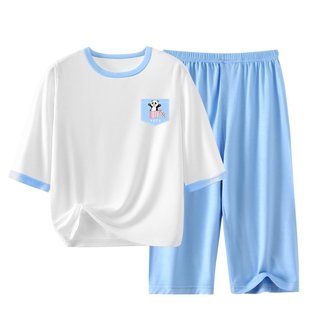 儿童莫代尔睡衣夏季男童女孩家居服套装七分袖大童薄款短袖空调服