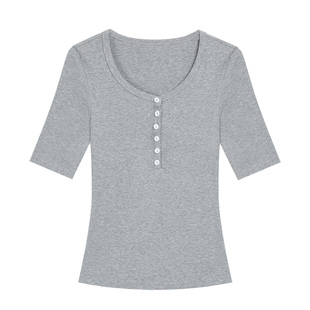 辰米范 经典沦陷 复古亨利领正肩半袖t恤女掐腰显瘦修身中袖上衣