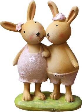 粉裙小花兔兔情侣树脂装饰摆件