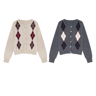 贰羊设计【菱冬】圆领菱格纹撞色毛衣女知识分子通勤上衣开衫外套