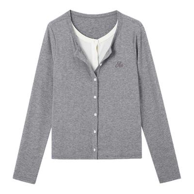 灰色假两件针织衫v领上衣