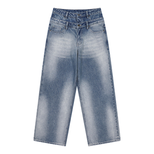 mostwanted 双腰头喷白休闲阔腿牛仔裤水洗牛宽松通勤风百搭