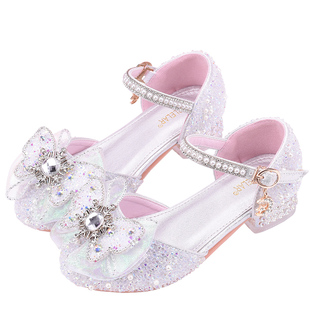 新款儿童高跟鞋水晶鞋钢琴表演出鞋女童皮鞋公主鞋礼服鞋包头单鞋