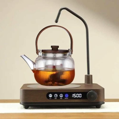 胡桃木竖纹提梁壶围炉高耐高温大容量加厚硅煮茶硼水壶壶玻璃烧