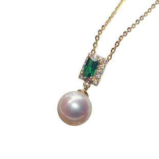 天女日本akoya天然海水珍珠吊坠项链18k金绿透辉石正圆无瑕极强光