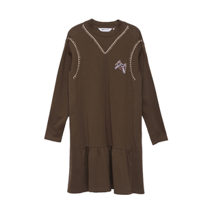 MOVEUP幻走2025冬季新款.FUN系列假两件绣花抽褶下摆针织连衣裙