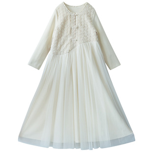 【月色余晖】冬季圆领连衣裙女文艺浪漫立体玫瑰浮绣拼接网纱长裙