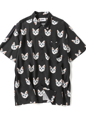 夏威夷忧郁猫印花情侣休闲短袖