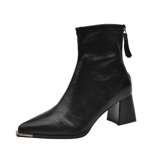 金属头高跟鞋女秋冬季新款通勤及踝小裸靴不累脚粗跟显瘦短筒短靴