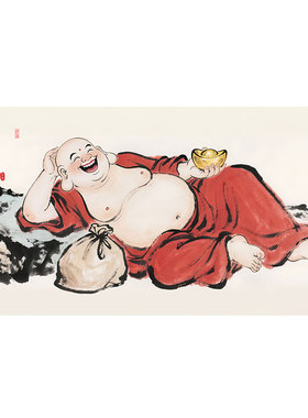 招财进宝大肚弥勒佛菩萨画像风水招财中式佛系笑纳百福图自粘壁画