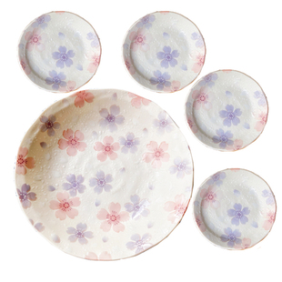 现货日本进口雪花釉飘雪粉紫梦中樱花釉下彩和风盘子套装盘子碟子