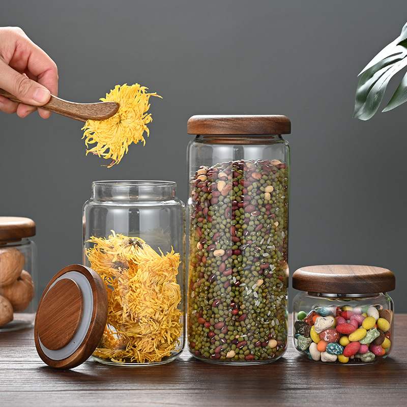 套装相思木盖高硼硅玻璃密封罐厨房用品密封瓶储物罐跨境收纳罐