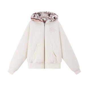 尹子璐同款 胶囊系列ablueberry豹纹两穿韩系连帽加厚毛毛外套女