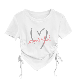 女童t恤纯棉不规则短袖抽绳褶皱女孩不对称上衣儿童修身舞蹈衫