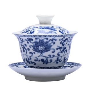 缠枝莲青花瓷盖碗白瓷单个三才茶碗茶杯陶瓷茶具套装泡茶碗特大号