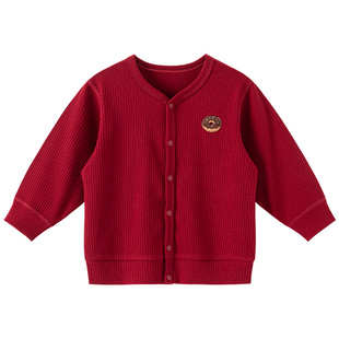 木生棉宝宝长袖外套秋冬婴儿保暖弹力开衫上衣新年红色喜庆周岁服