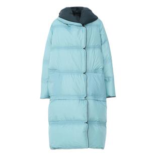 AUM噢姆冬季单排扣连帽直筒撞色鹅绒亮面羽绒服女款