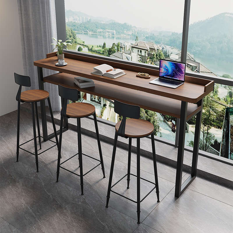 阳台家用桌实木桌子长条挡板桌脚靠墙靠窗高低高脚吧台桌长双层窄