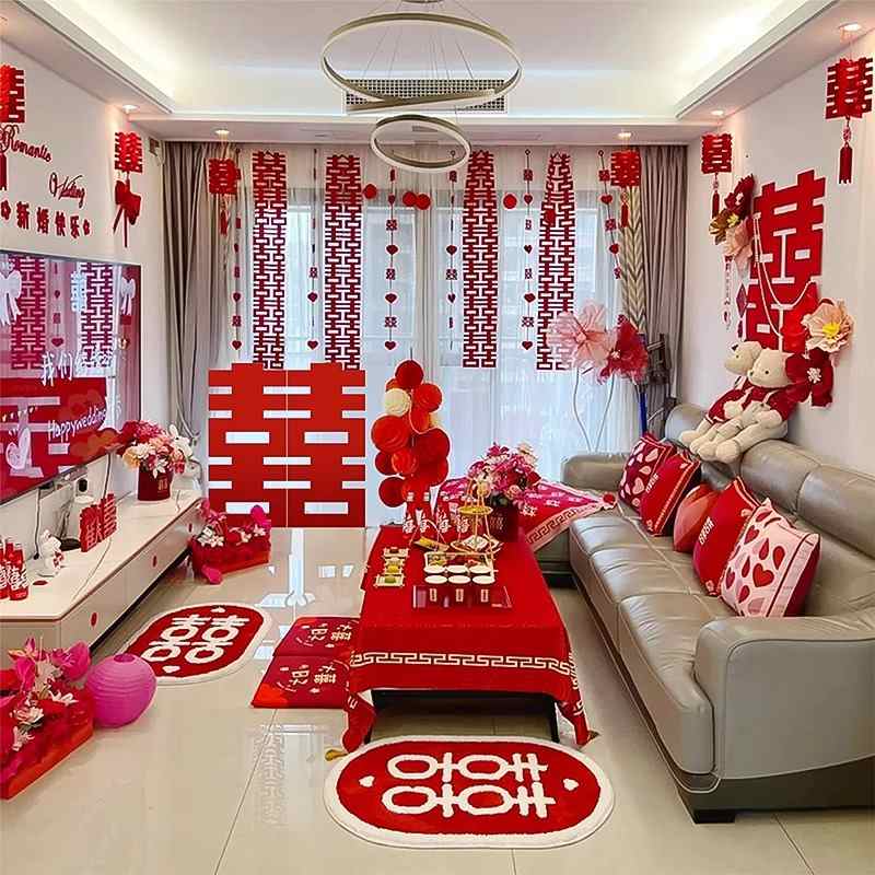 婚房布置全屋套装装饰花客厅礼新背景墙男女2025拉房间方结婚喜字