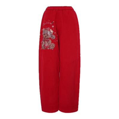 TCH2025冬季新款时尚烫钻慵懒风红色阔腿显瘦休闲裤女T75D20E1123