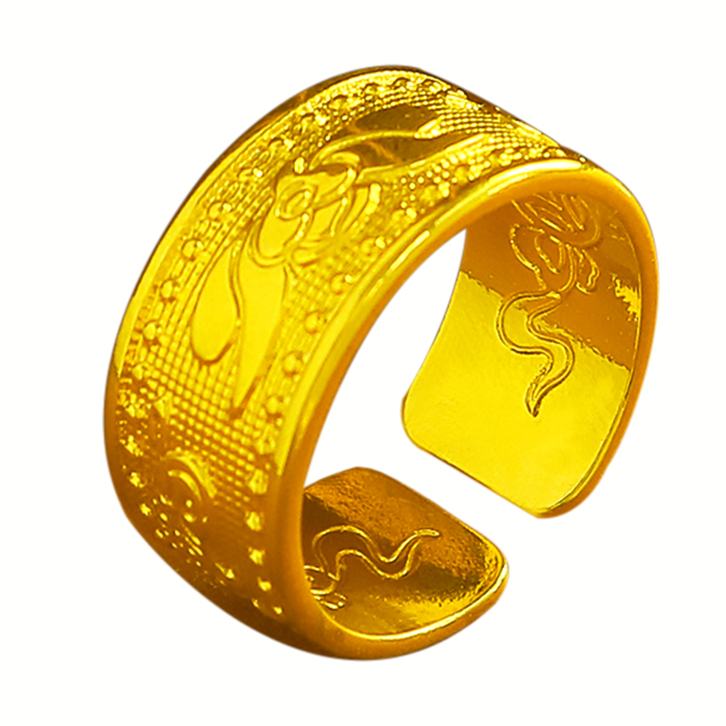 越南沙金戒指男士款宽面六字真言心经指戒活口调节简约雕花首饰品