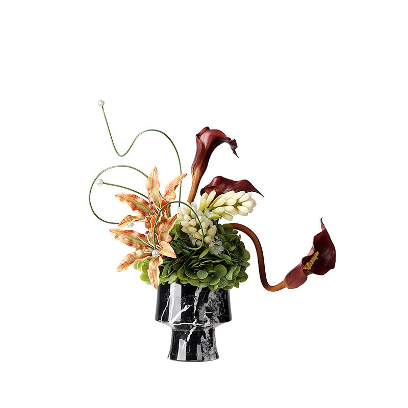 中古新中式天然大理石花瓶插花酒店客厅茶几卫生间花艺高级感桌花