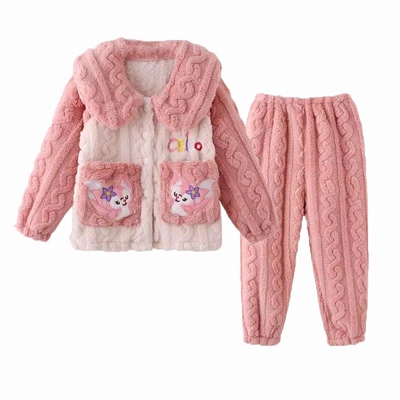 新款卡通可爱法兰绒女童睡衣秋冬季加绒加厚珊瑚绒保暖家居服套装