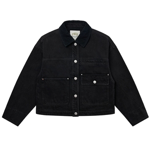 【专柜正品】Hazzys哈吉斯牛仔夹克女装宽松复古灯芯绒拼接外套