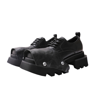 PJH 原创 中性风粗跟皮鞋 方头厚底真皮深口德比鞋男女同款小皮鞋