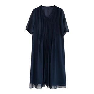 大码女装蓝色中长款连衣裙女2026新款风琴木耳边胖MM气质夏季裙子