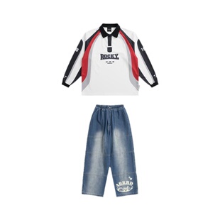 ROCKYROAD童装翻领POLO衫卫衣牛仔套装舞蹈表演服hiphop街舞潮服