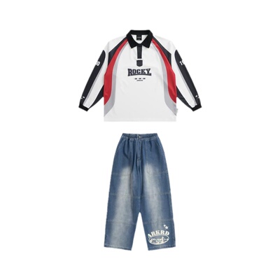ROCKYROAD童装翻领POLO衫卫衣牛仔套装舞蹈表演服hiphop街舞潮服