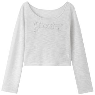 乐町夏季竹节纱针织套衫字母烫钻圆领长袖韩系机能上衣