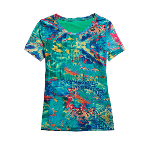 短袖t恤女别致漂亮小衫2026夏装新款修身体恤民族风印花网纱上衣