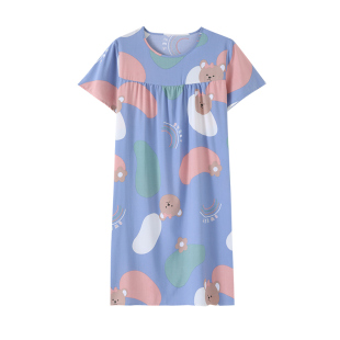 夏季女士棉绸睡裙短袖韩版宽松人造棉家居服吸汗透气睡衣连衣裙子