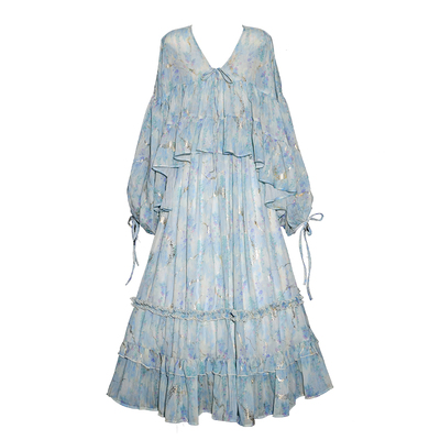 仙女鎏金印花宽松荷叶边长裙套装