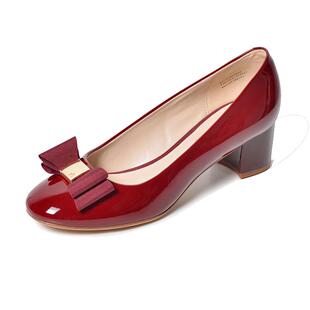 REEMOOR睿慕红色粗高跟新娘婚鞋女软底漆皮单鞋舒适气质小皮鞋